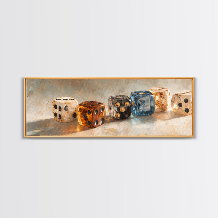 Tabletop Dice Rolling Through Dramatic Light Framed Canvas Print, Game Room Art, Pop Art, Game Room Decor, Fine Art, Play, GRA-3x1-81