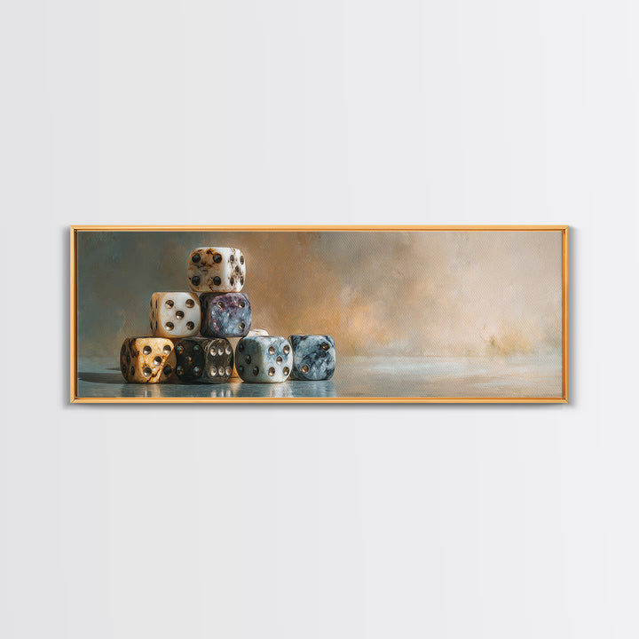 Tabletop Dice Rolling Through Dramatic Light Framed Canvas Print, Game Room Art, Living Room Decor, Game Room Decor, Play, GRA-3x1-9