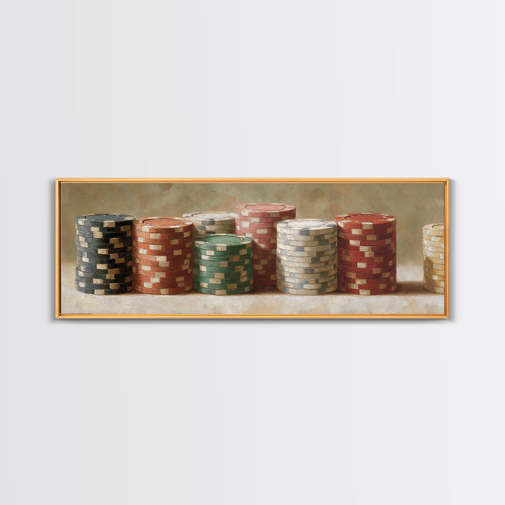Poker Chips Stacked Like Casino Still Life Canvas Print, Game Room Art, Textured Painting, Game Room Decor, Oil Painting, Play, GRA-3x1-95