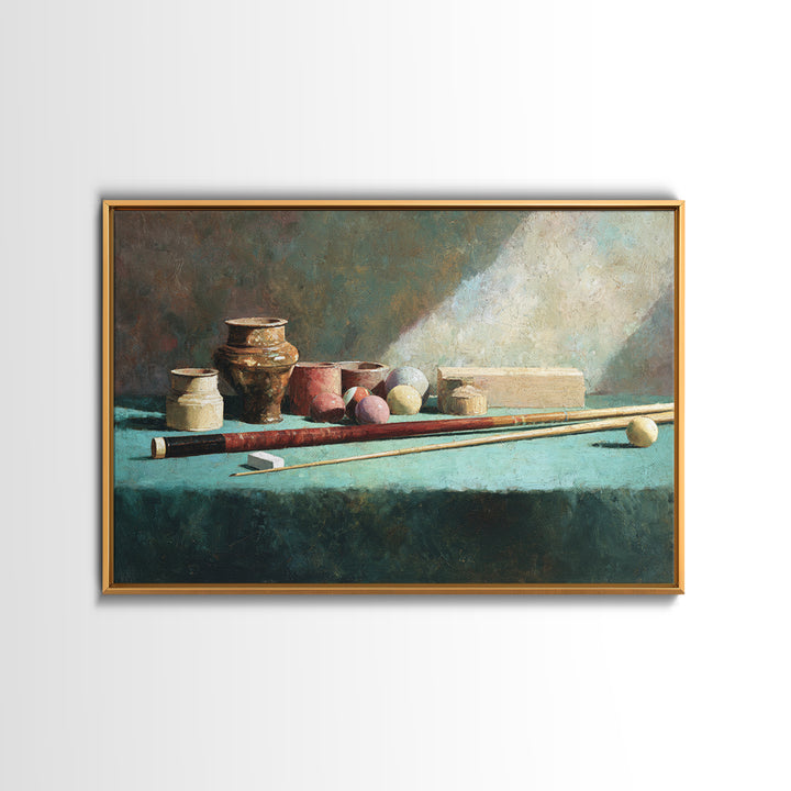 Pool Cue and Chalk on Green Felt Framed Canvas Print, Game Room Art, Canvas Art, Game Room Decor, Play, Living Room Art, GRA-3x2-14