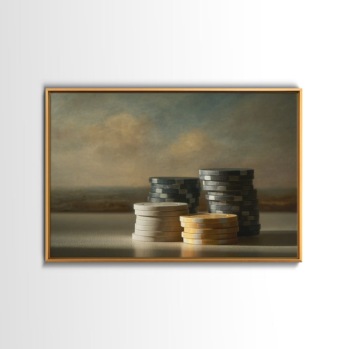 Poker Chips Stacked Like Casino Still Life Framed Canvas Print, Game Room Art, Original Artwork, Game Room Decor, Play, GRA-3x2-35