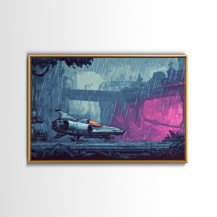 Arcade Spaceship Pixel Art Scene Framed Canvas Print, Game Room Art, Room Decor, Game Room Decor, Oil Painting, Play, GRA-3x2-47