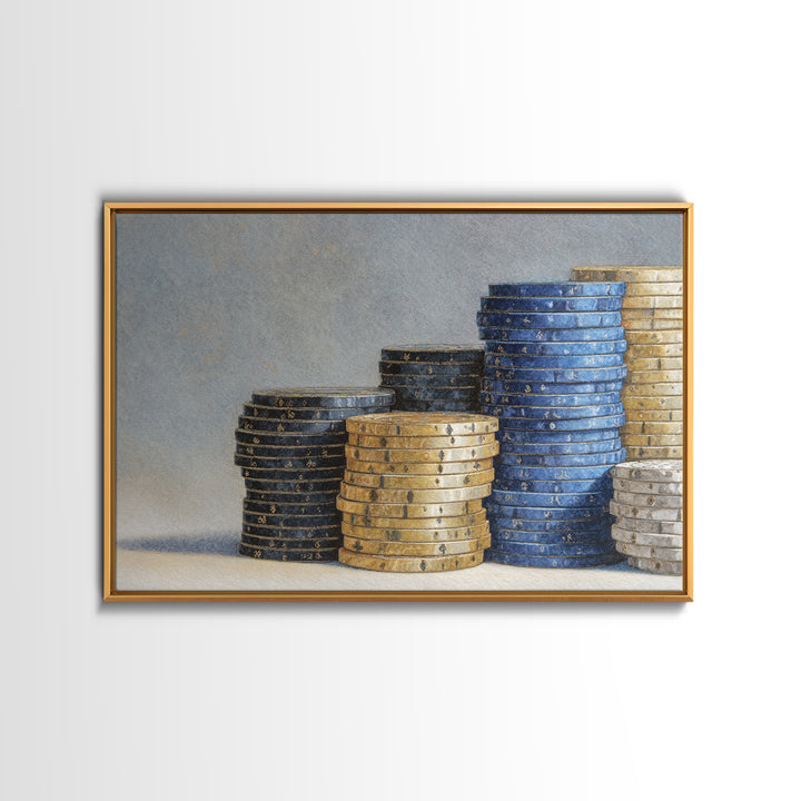 Poker Chips Stacked Like Casino Still Life Framed Canvas Print, Game Room Art, Art Print, Game Room Decor, Oil Painting, Play, GRA-3x2-59