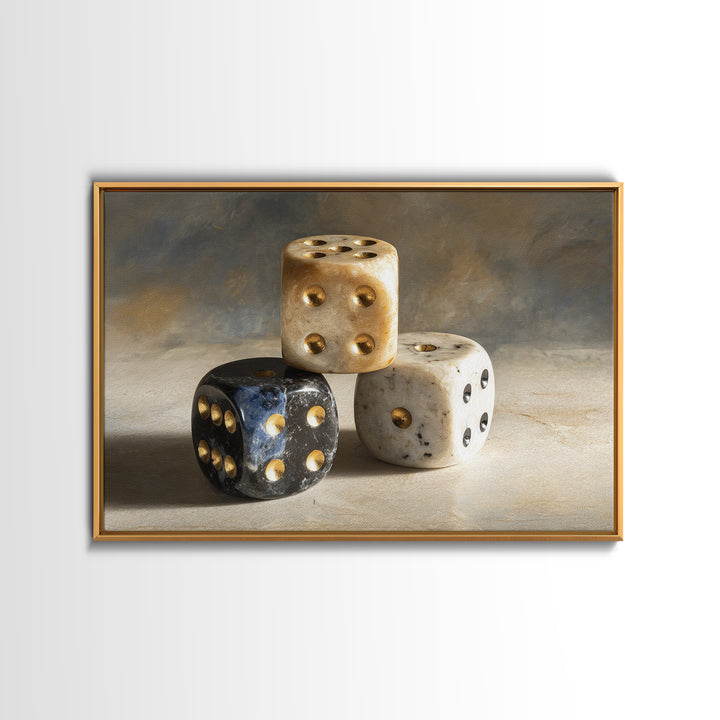Tabletop Dice Rolling Through Dramatic Light Framed Canvas Print, Game Room Art, Unique Home Decor, Game Room Decor, Play, GRA-3x2-69