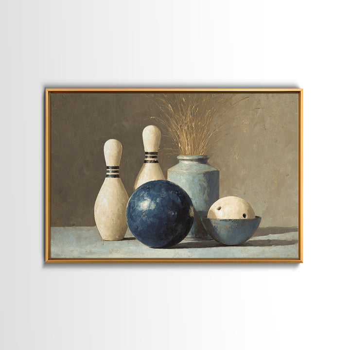 Bowling Ball and Pins Framed Canvas Print, Game Room Art, Living Room Art, Game Room Decor, Fine Art, Play, Neutral Decor, GRA-3x2-90