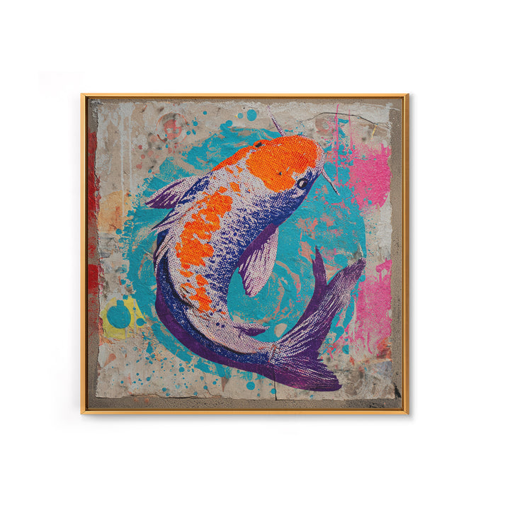 Spray Painted Koi Fish on Brick Texture Framed Canvas Print, Graffiti Art, Canvas Wall Art, Living Room Decor, Watercolor Art, GRF-1x1-16