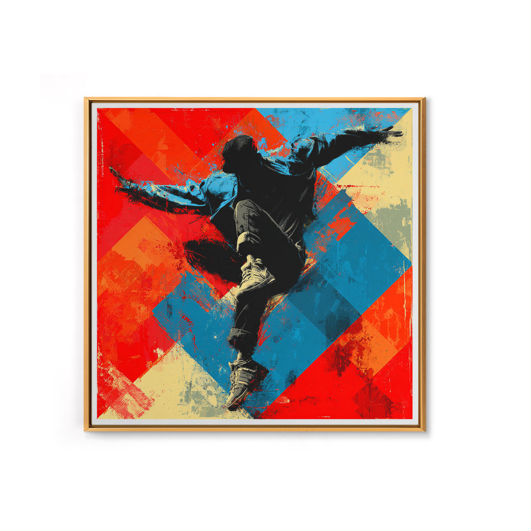 Breakdancer Silhouette over Bright Paint Splashes Framed Canvas Print, Graffiti Art, 3d Wall Art, Living Room Decor, Street, GRF-1x1-2