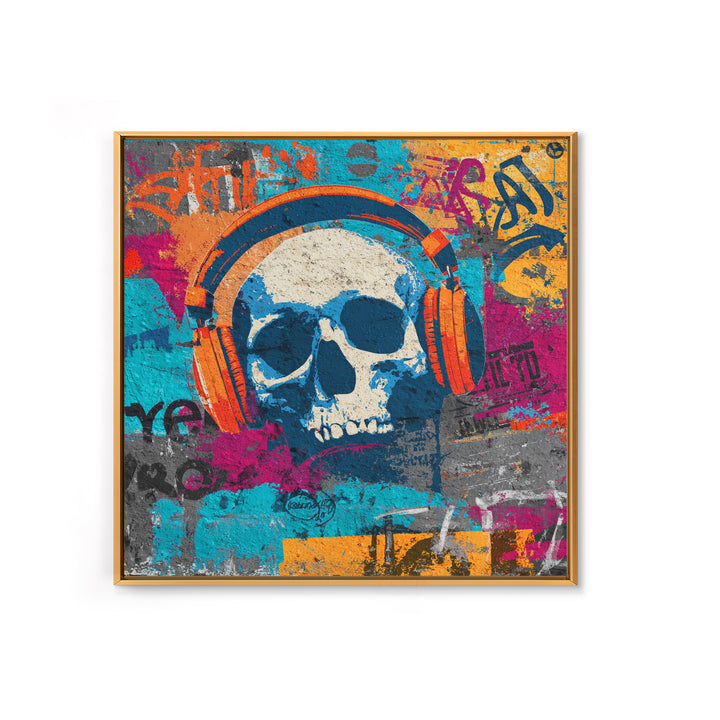 Skull and Headphones Mural Composition Framed Canvas Print, Graffiti Art, Abstract Art, Living Room Decor, Fine Art, Street, GRF-1x1-47