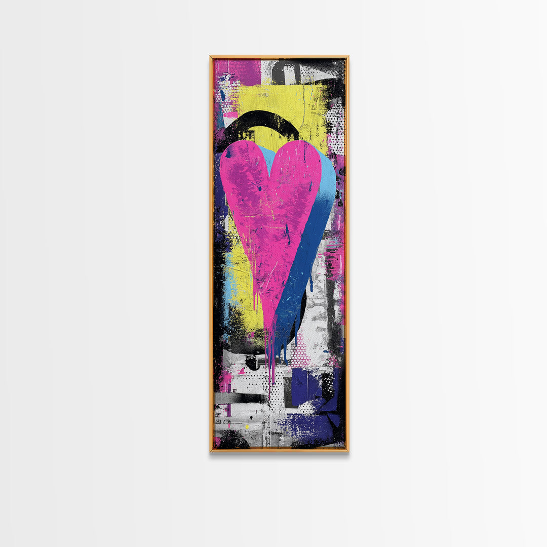 Neon Heart Painted on Cracked Concrete Texture Canvas Print, Graffiti Art, Luxury Decor, Living Room Decor, Street, GRF-1x3-66