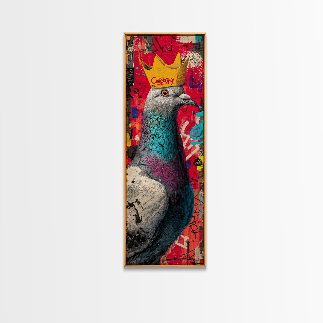 City Pigeon with Crown in Street Art Framed Canvas Print, Graffiti Art, Gallery Decor, Living Room Decor, Fine Art, Street, GRF-1x3-71