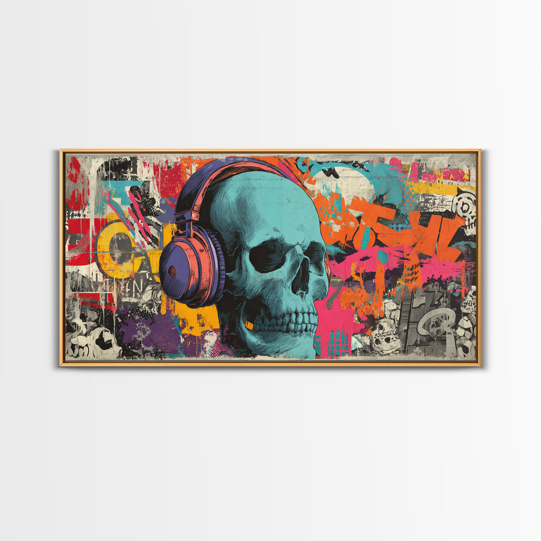 Skull and Headphones Mural Composition Framed Canvas Print, Graffiti Art, Graffiti, Living Room Decor, Fine Art, Street, GRF-2x1-19