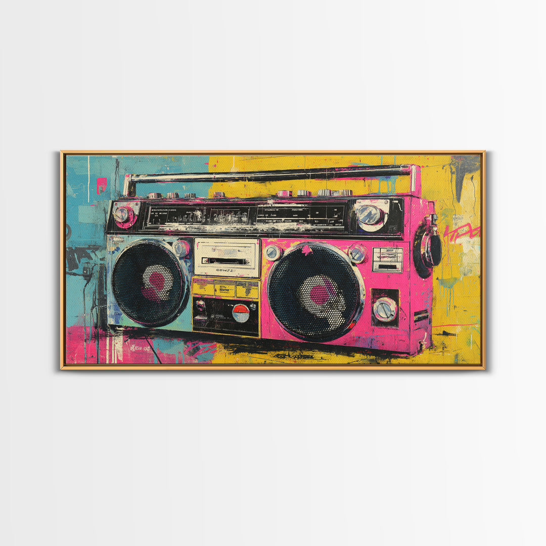 Boombox and Cassette Tape Framed Canvas Print, Graffiti Art, Contemporary Art, Living Room Decor, Fine Art, Street, GRF-2x1-34