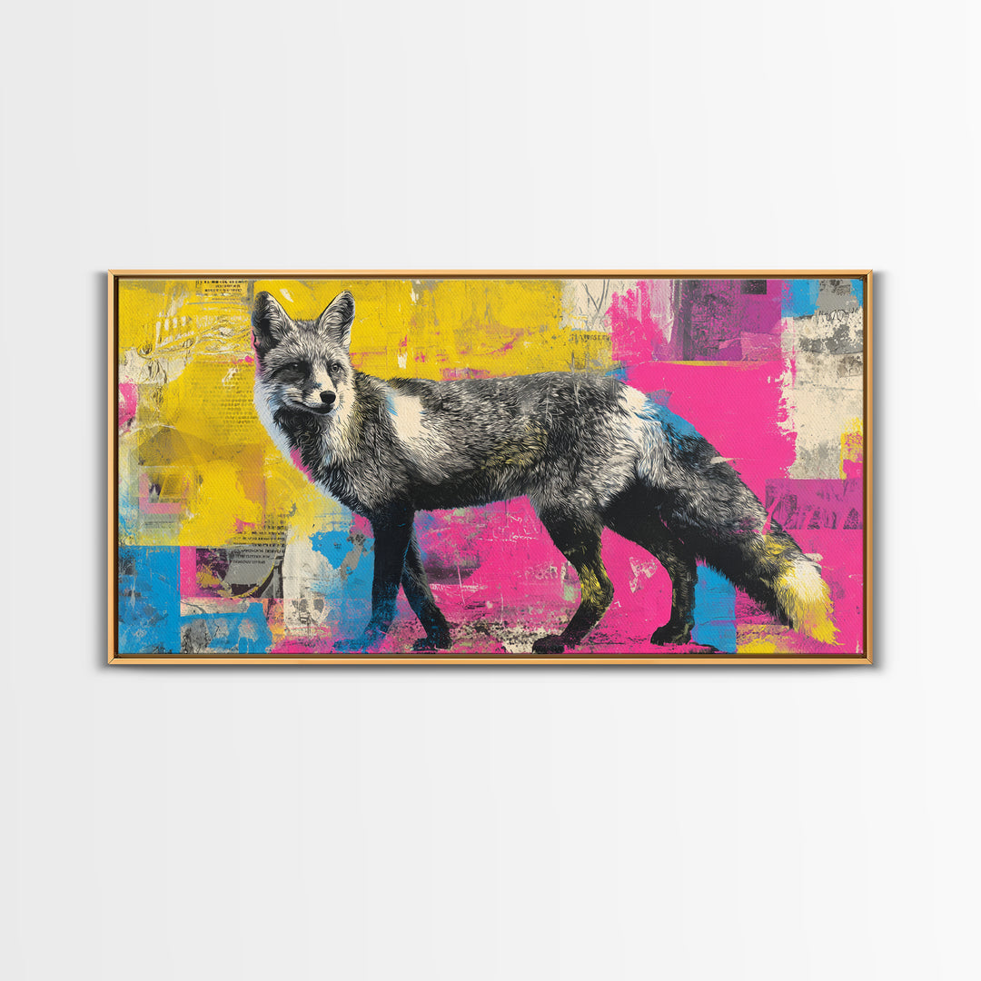 Urban Fox with Layered Sticker Collage Framed Canvas Print, Graffiti Art, Painting, Living Room Decor, Fine Art, Street, GRF-2x1-37