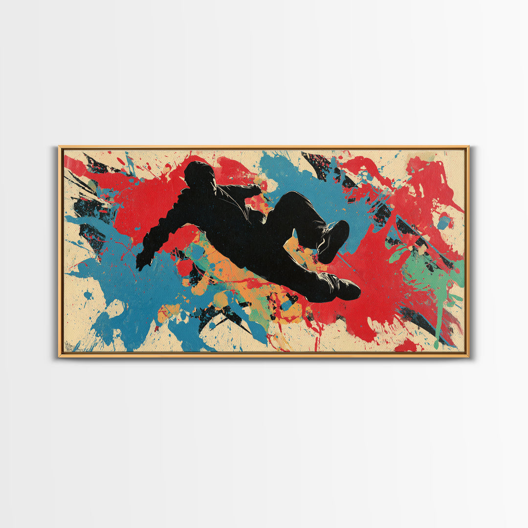 Breakdancer Silhouette over Bright Paint Splashes Framed Canvas Print, Graffiti Art, Poster, Living Room Decor, Street, GRF-2x1-46
