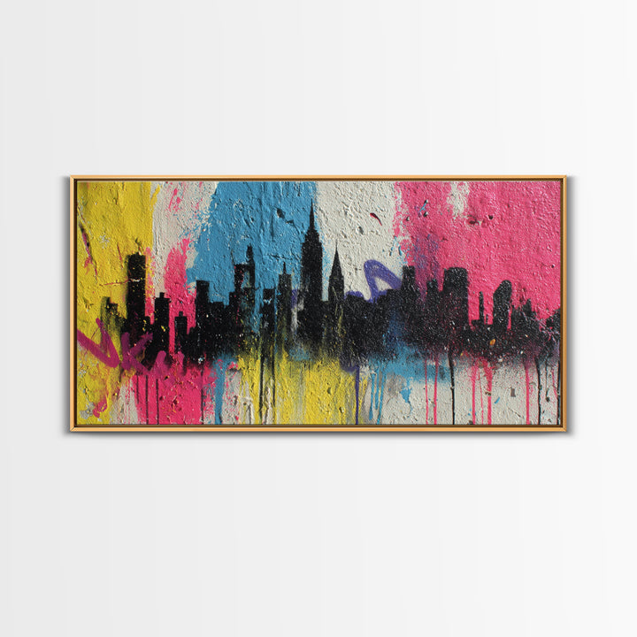 Paint Drips Forming a Skyline Silhouette Framed Canvas Print, Graffiti Art, Wall Decor, Living Room Decor, Abstract Art, Street, GRF-2x1-9