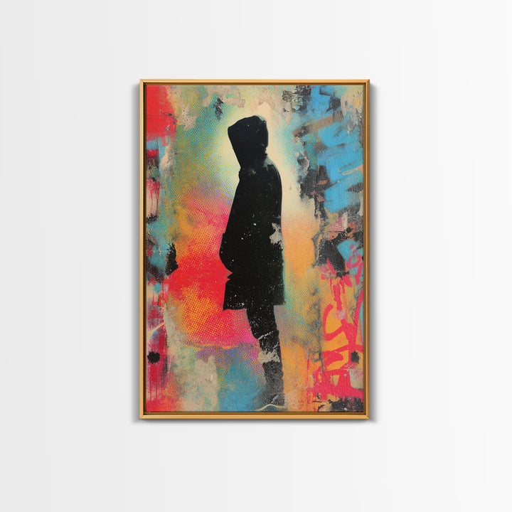 Masked Street Artist Silhouette Framed Canvas Print, Graffiti Art, Minimalist Decor, Living Room Decor, Fine Art, Street, GRF-2x3-30