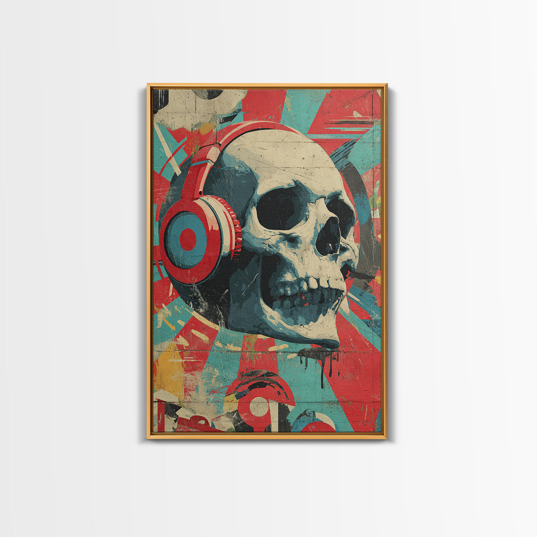 Skull and Headphones Mural Composition Framed Canvas Print, Graffiti Art, Wall Hangings, Living Room Decor, Fine Art, Street, GRF-2x3-55