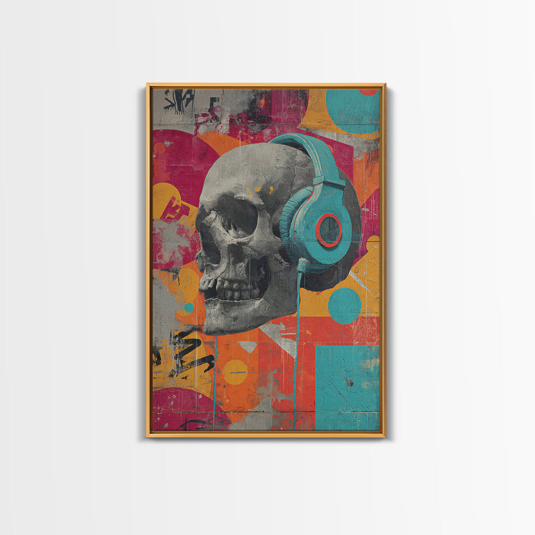 Skull and Headphones Mural Composition Canvas Print, Graffiti Art, Art Deco, Living Room Decor, Street, Wall Sculpture, GRF-2x3-79