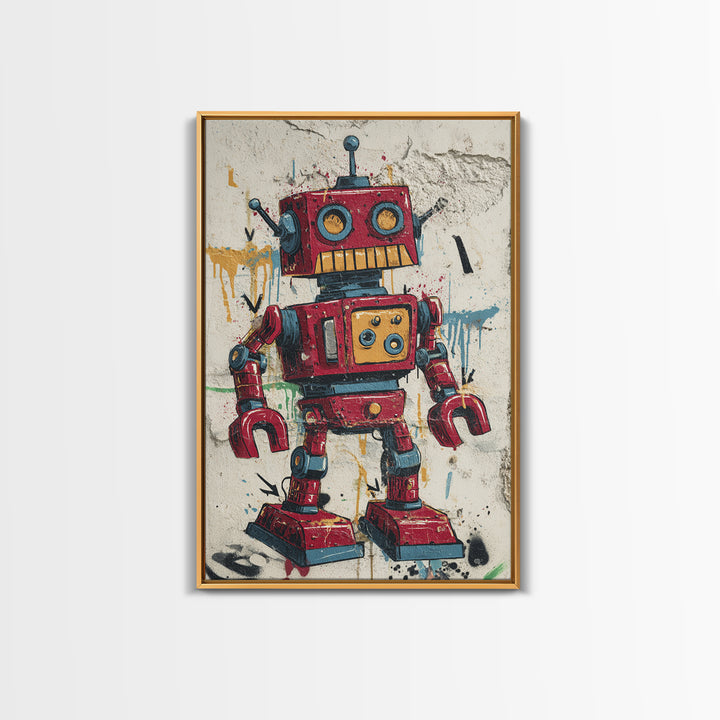 Cartoon Robot Character Framed Canvas Print, Graffiti Art, Large Wall Art, Living Room Decor, Fine Art, Street, Modern Wall Art, GRF-2x3-90