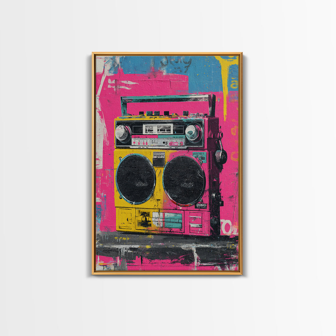Boombox and Cassette Tape Framed Canvas Print, Graffiti Art, Art Deco, Living Room Decor, Fine Art, Street, Wall Sculpture, GRF-2x3-94
