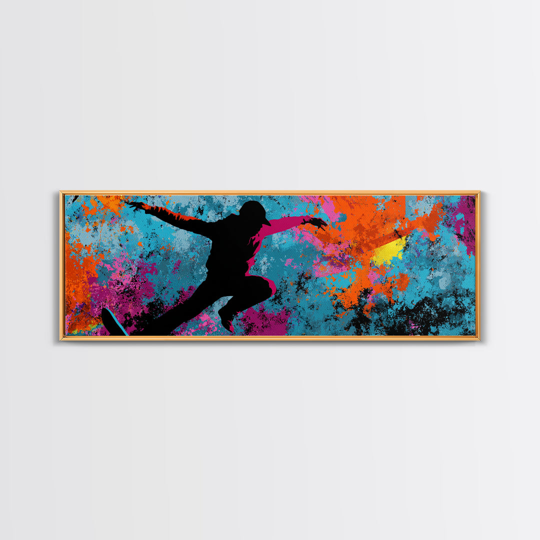 Breakdancer Silhouette over Bright Paint Splashes Canvas Print, Graffiti Art, Framed Art, Living Room Decor, Fine Art, Street, GRF-3x1-42