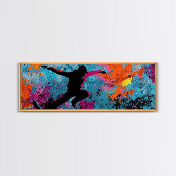 Breakdancer Silhouette over Bright Paint Splashes Canvas Print, Graffiti Art, Framed Art, Living Room Decor, Fine Art, Street, GRF-3x1-42