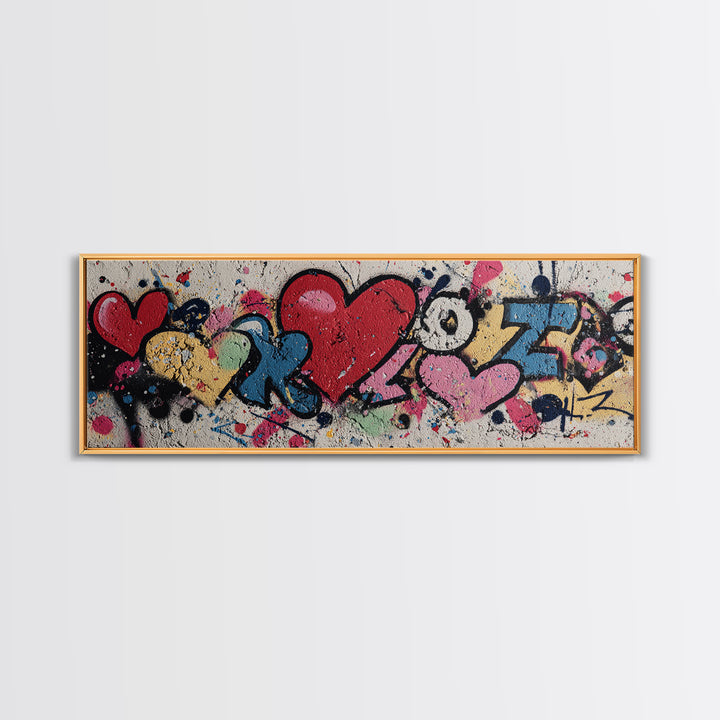 Neon Heart Painted on Cracked Concrete Texture Canvas Print, Graffiti Art, Digital Print, Living Room Decor, Fine Art, Street, GRF-3x1-46