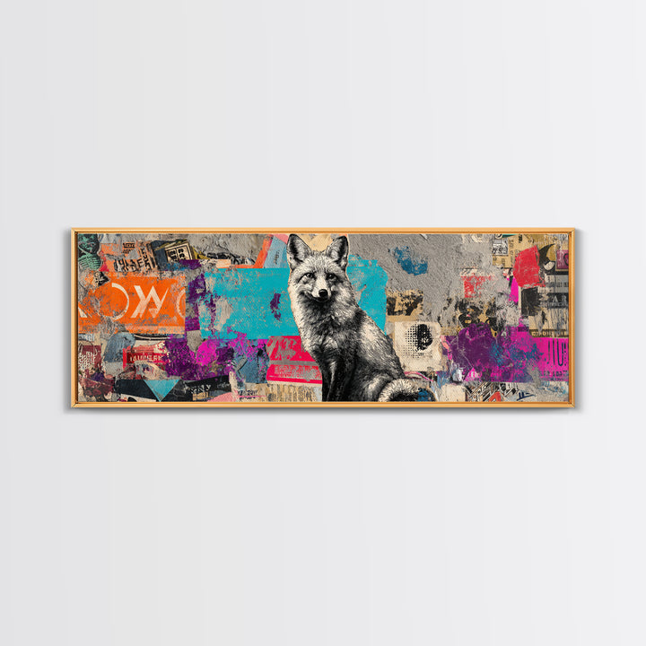Urban Fox with Layered Sticker Collage Framed Canvas Print, Graffiti Art, Graffiti, Living Room Decor, Fine Art, Street, GRF-3x1-57