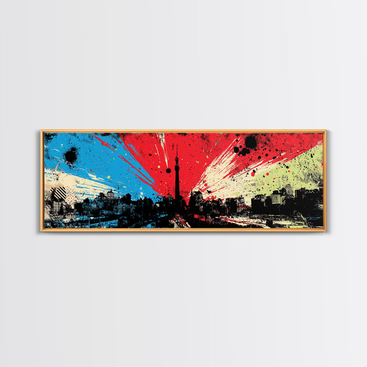 Paint Drips Forming a Skyline Silhouette Framed Canvas Print, Graffiti Art, Boho Wall Decor, Living Room Decor, Street, GRF-3x1-77