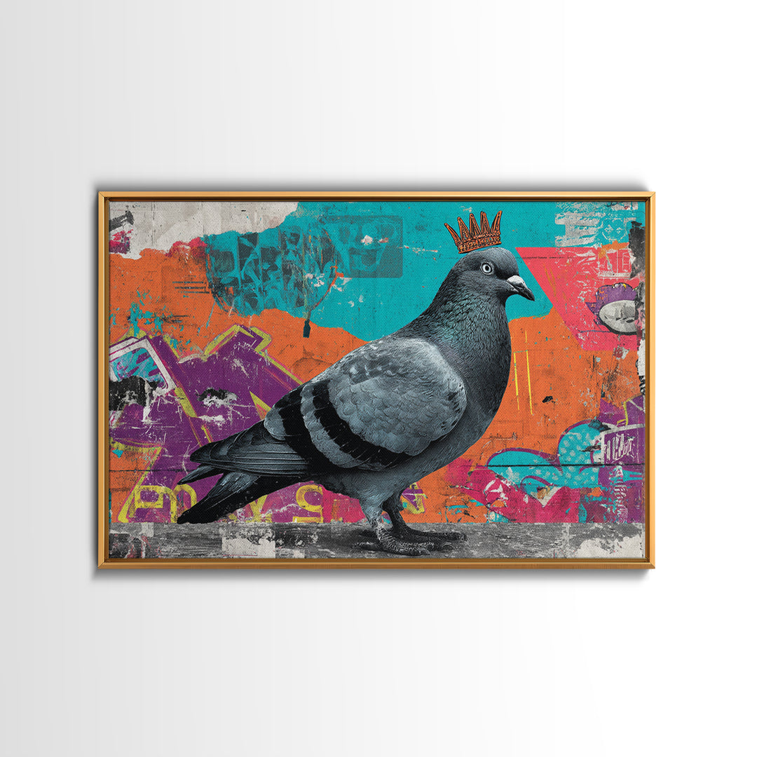 City Pigeon with Crown in Street Art Framed Canvas Print, Graffiti Art, Contemporary Art, Living Room Decor, Fine Art, Street, GRF-3x2-39