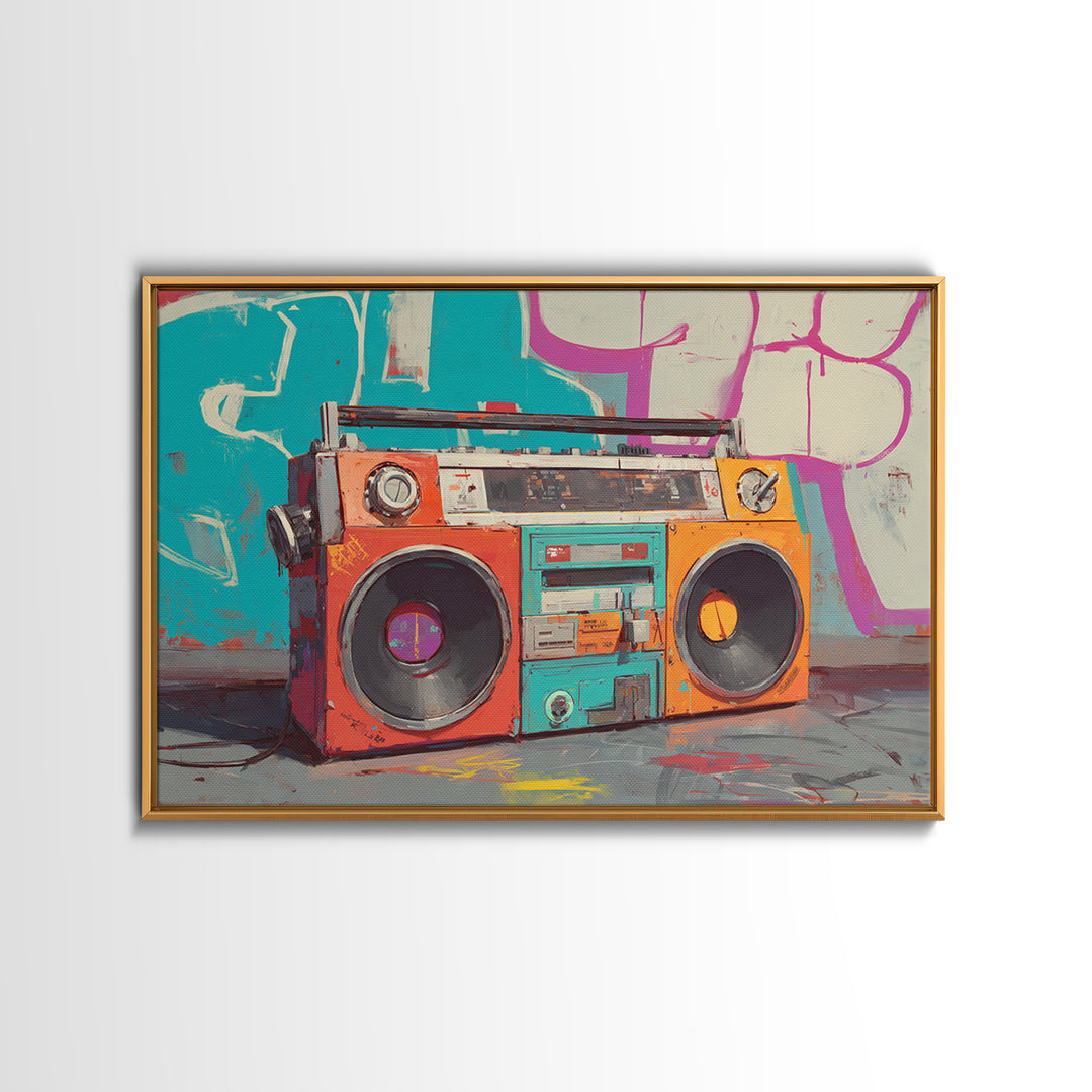 Boombox and Cassette Tape Canvas Print, Graffiti Art, Framed Art, Living Room Decor, Fine Art, Street, Neutral Decor, GRF-3x2-42