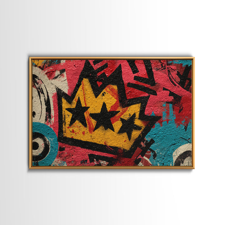 Abstract Crown and Stars Framed Canvas Print, Graffiti Art, Above Bed Decor, Living Room Decor, Abstract Art, Street, GRF-3x2-71