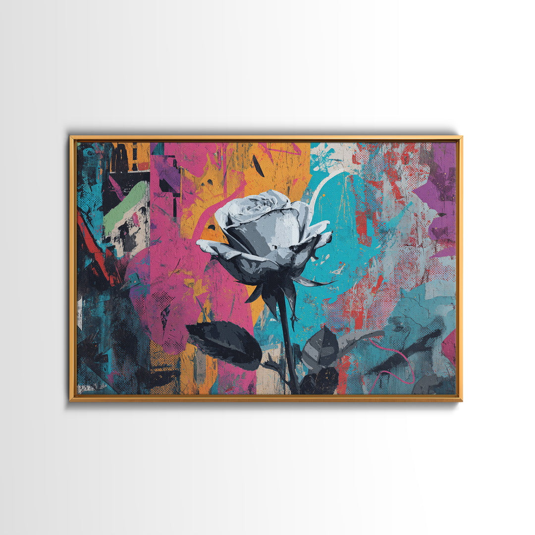 Graffiti Rose Blooming from Concrete Crack Canvas Print, Graffiti Art, Neutral Decor, Living Room Decor, Fine Art, Street, GRF-3x2-73