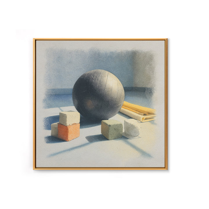Medicine Ball and Chalk Still Life Framed Canvas Print, Gym Art, Wall Decoration, Gym Decor, Fine Art, Strength, Speakeasy Art, GYM-1x1-47