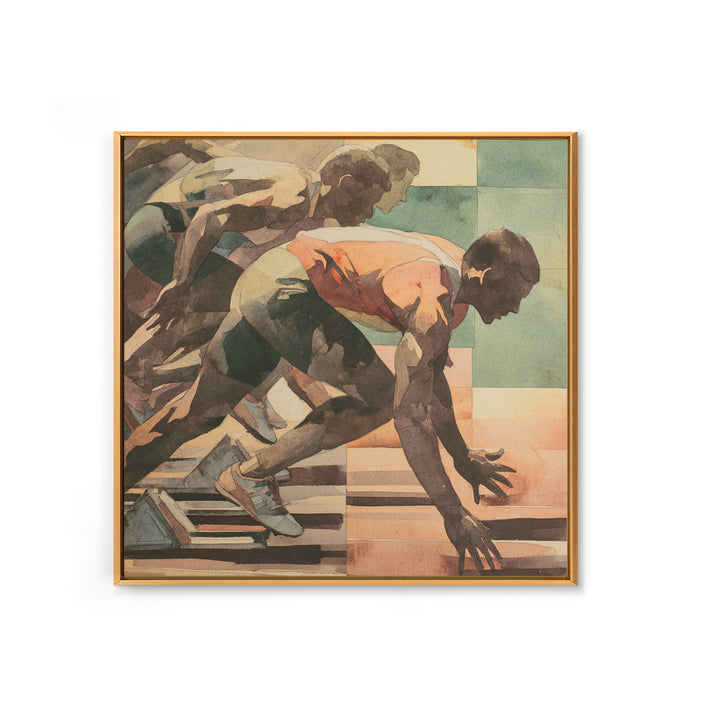 Sprinter Exploding from Starting Blocks Framed Canvas Print, Gym Art, Speakeasy Art, Gym Decor, Oil Painting, Strength, GYM-1x1-51