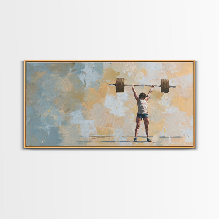 Female Weightlifter with Triumphant Stance Framed Canvas Print, Gym Art, Man Cave Decor, Gym Decor, Fine Art, Strength, GYM-2x1-3