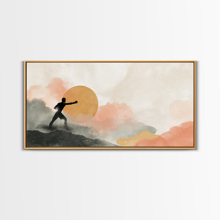 Powerful Boxer Silhouette Framed Canvas Print, Gym Art, Man Cave Decor, Gym Decor, Fine Art, Strength, Home Gym Decor, GYM-2x1-45