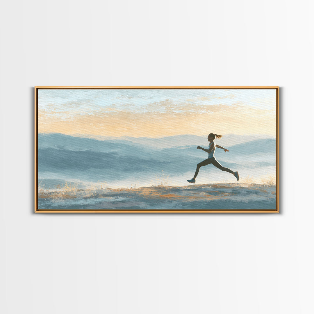 Runner on Mountain Ridge at Sunrise Framed Canvas Print, Gym Art, Canvas Wall Art, Gym Decor, Watercolor Art, Strength, GYM-2x1-56