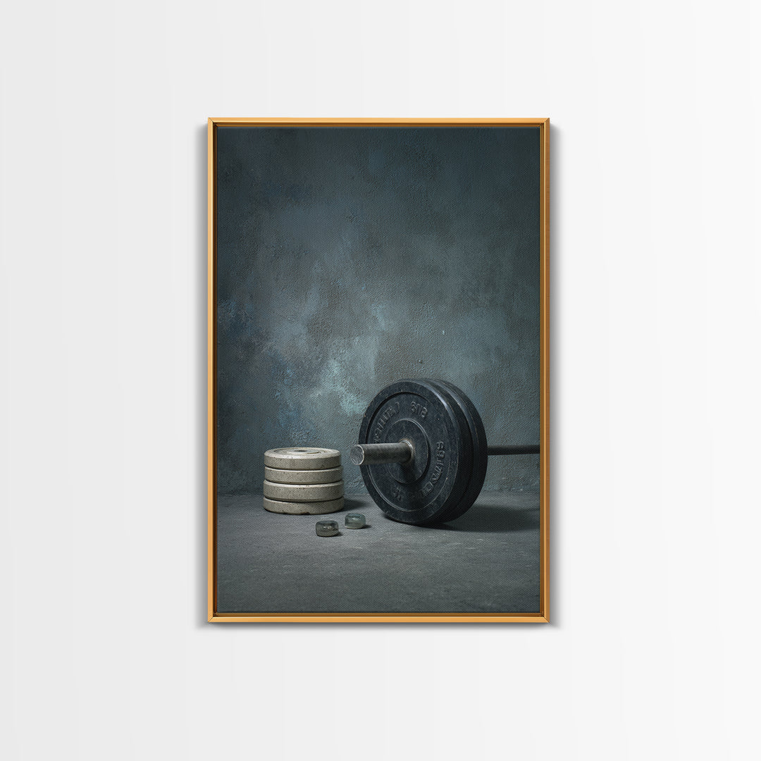 Barbell and Plates Framed Canvas Print, Gym Art, Printable Wall Art, Gym Decor, Fine Art, Strength, Sports Decor, Cool Posters, GYM-2x3-34