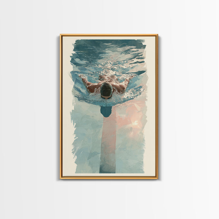 Swimmer Cutting Through Blue Water Framed Canvas Print, Gym Art, Living Room Decor, Gym Decor, Oil Painting, Strength, GYM-2x3-51