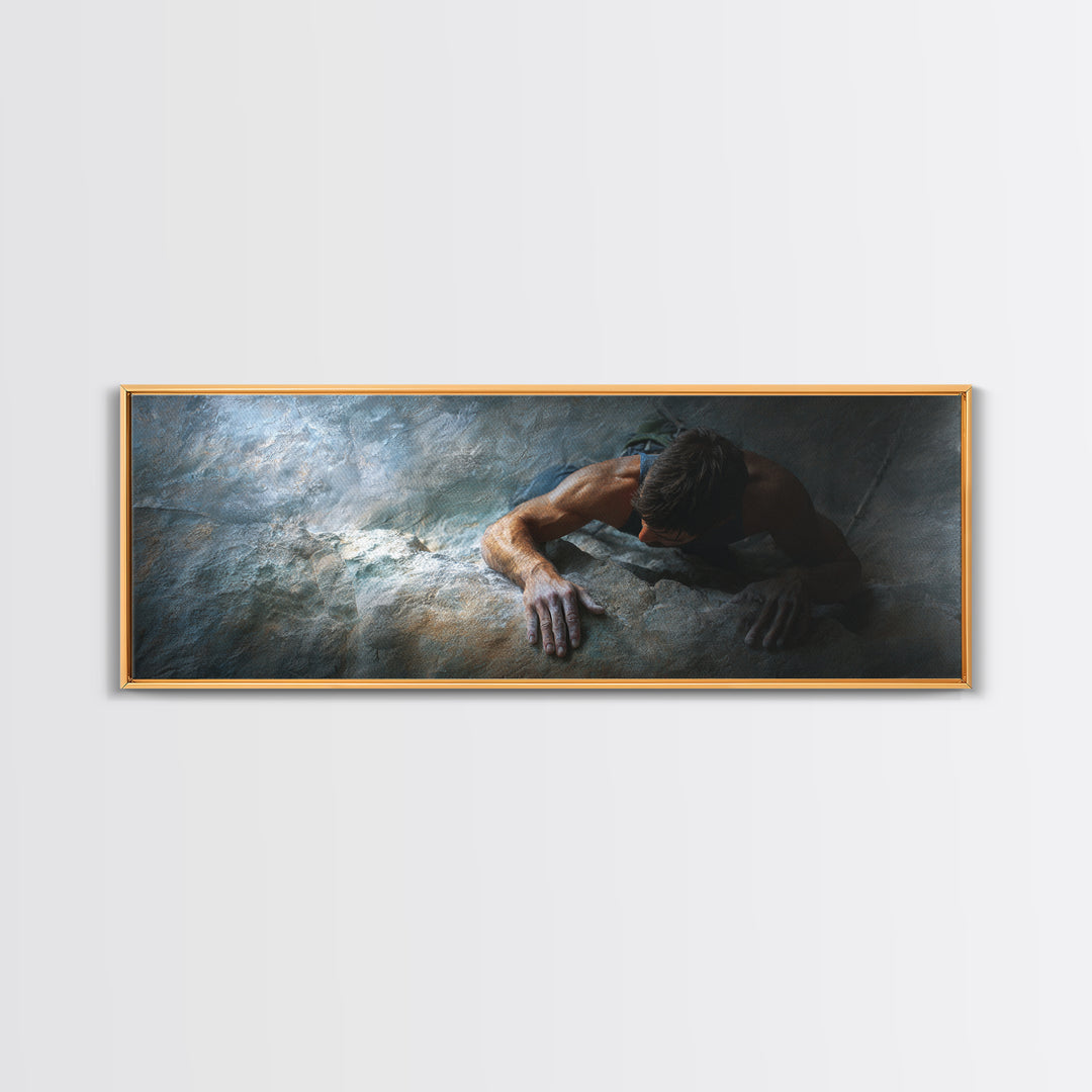 Rock Climber Reaching a Glowing Hold Framed Canvas Print, Gym Art, Bar Art, Gym Decor, Strength, Gym Sign, Motivational Art, GYM-3x1-2