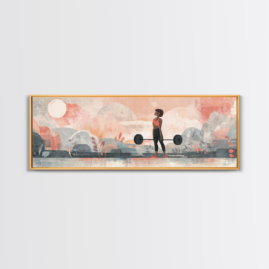 Female Weightlifter with Triumphant Stance Framed Canvas Print, Gym Art, Art Print, Gym Decor, Strength, Abstract Wall Art, GYM-3x1-23
