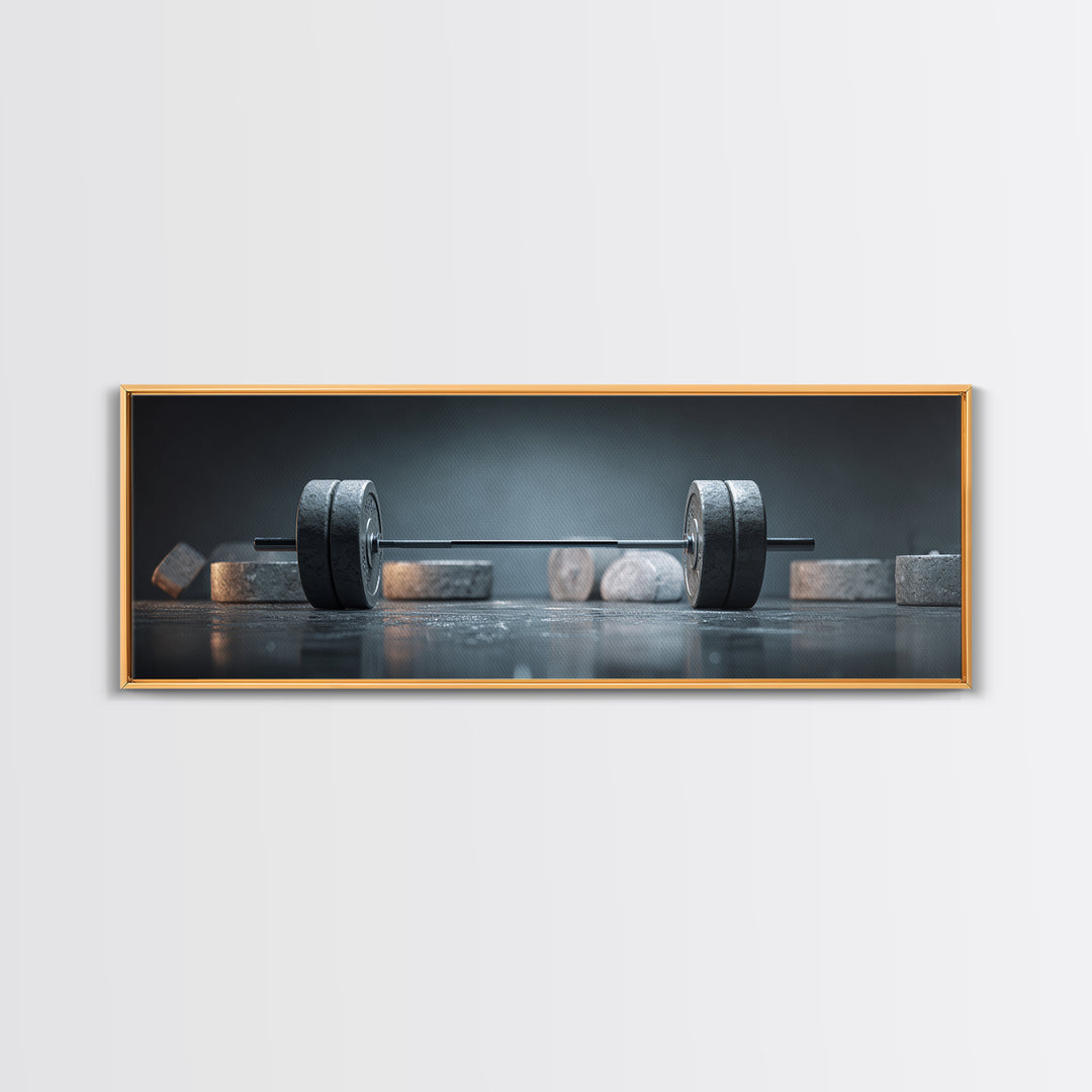 Barbell and Plates Framed Canvas Print, Gym Art, Gym Decor, Fine Art, Strength, Luxury Decor, Art Print, Room Decor, GYM-3x1-90