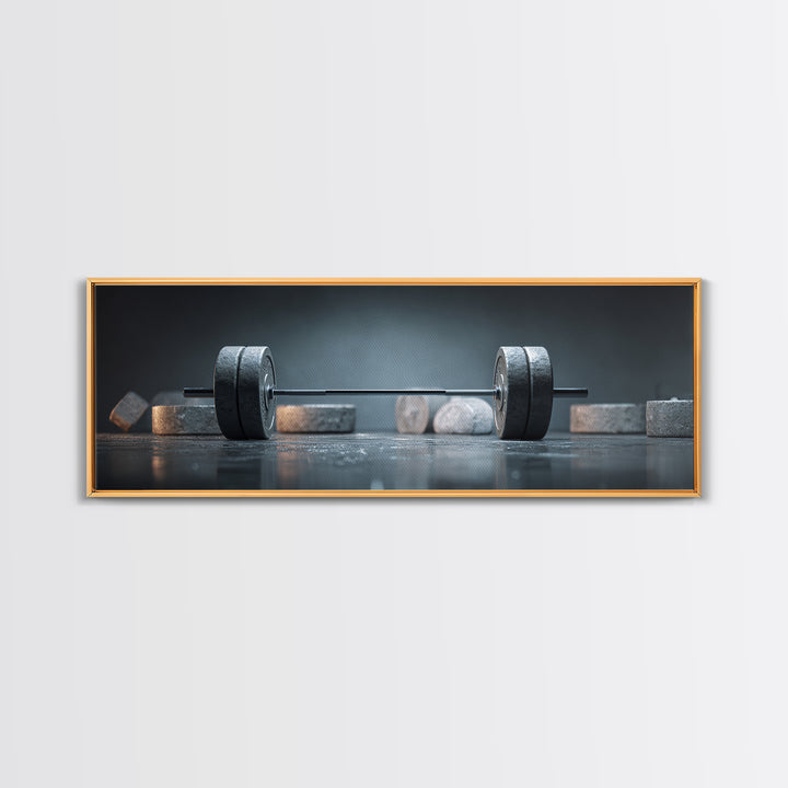 Barbell and Plates Framed Canvas Print, Gym Art, Gym Decor, Fine Art, Strength, Luxury Decor, Art Print, Room Decor, GYM-3x1-90