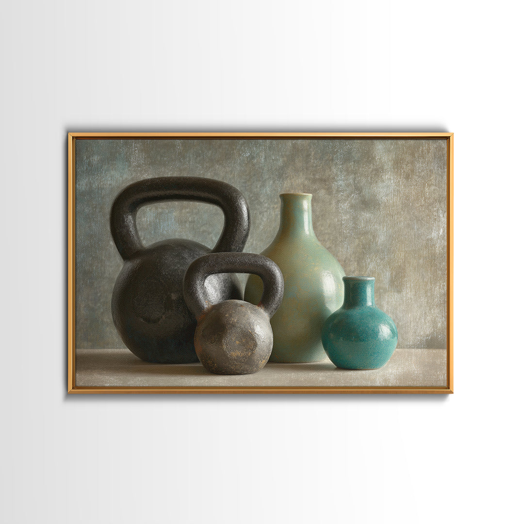Kettlebell Still Life Canvas Print, Gym Art, Speakeasy Art, Gym Decor, Oil Painting, Strength, Minimalist Decor, GYM-3x2-37