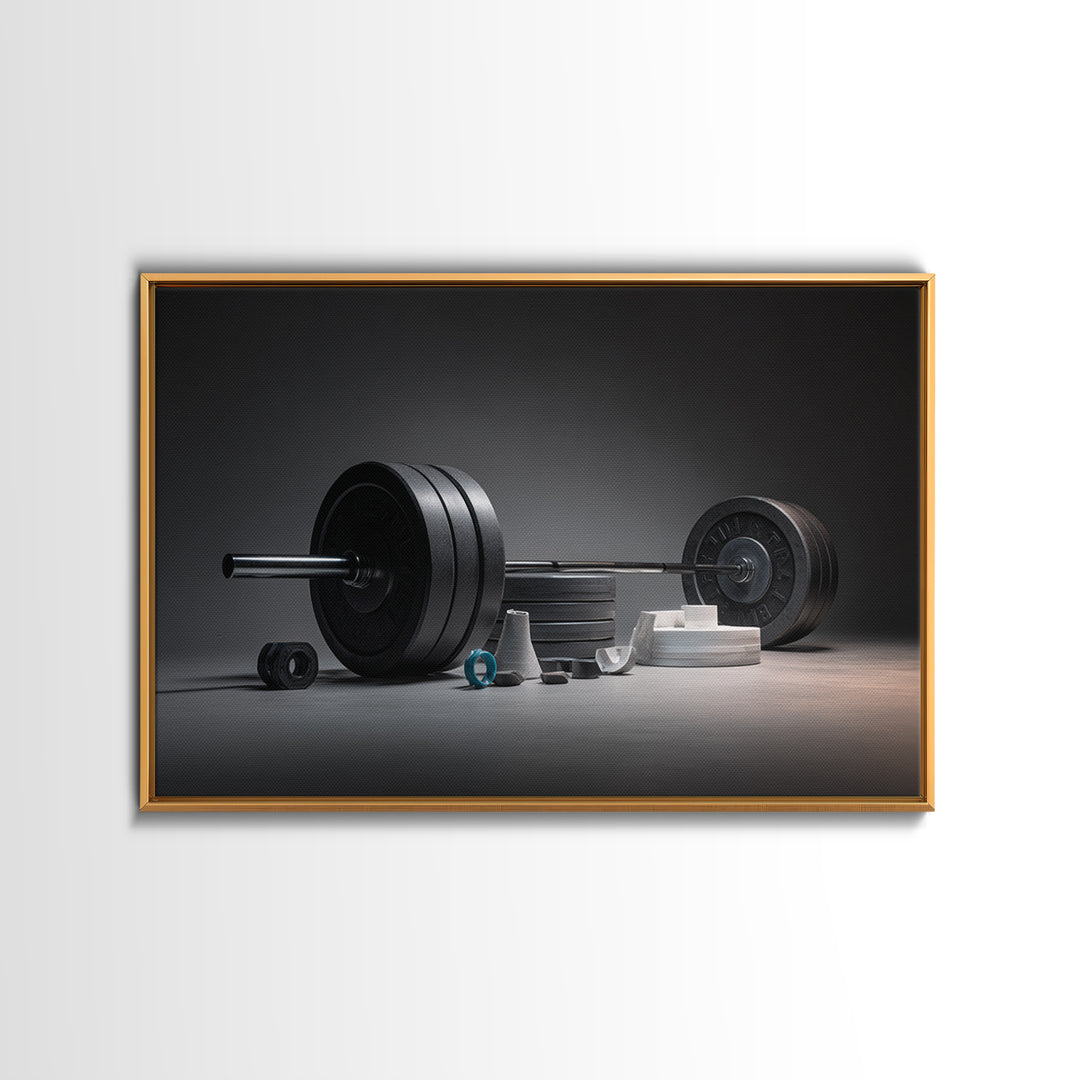 Barbell and Plates Framed Canvas Print, Gym Art, Wall Decoration, Gym Decor, Fine Art, Strength, Speakeasy Art, Home Gym Sign, GYM-3x2-6