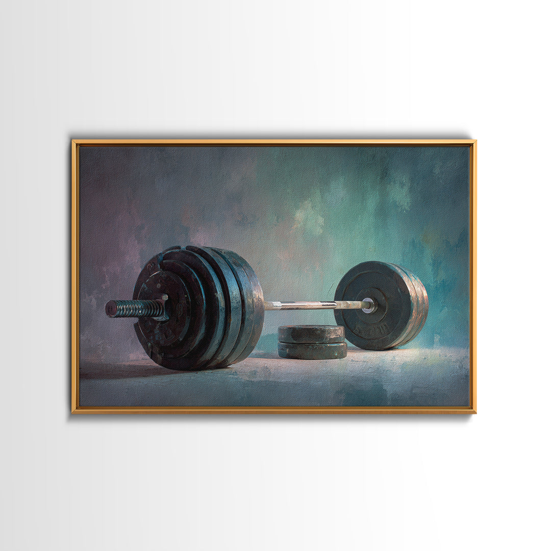 Barbell and Plates Framed Canvas Print, Gym Art, Framed Canvas, Gym Decor, Fine Art, Strength, Textured Painting, GYM-3x2-78