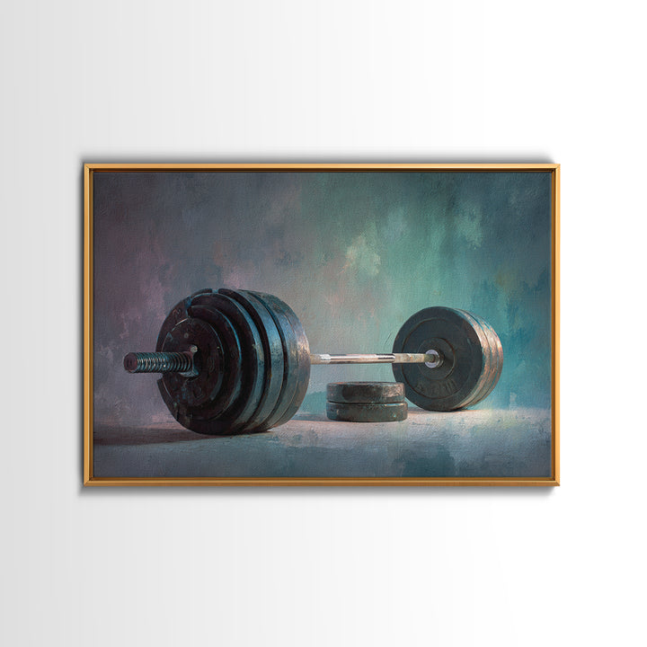 Barbell and Plates Framed Canvas Print, Gym Art, Framed Canvas, Gym Decor, Fine Art, Strength, Textured Painting, GYM-3x2-78