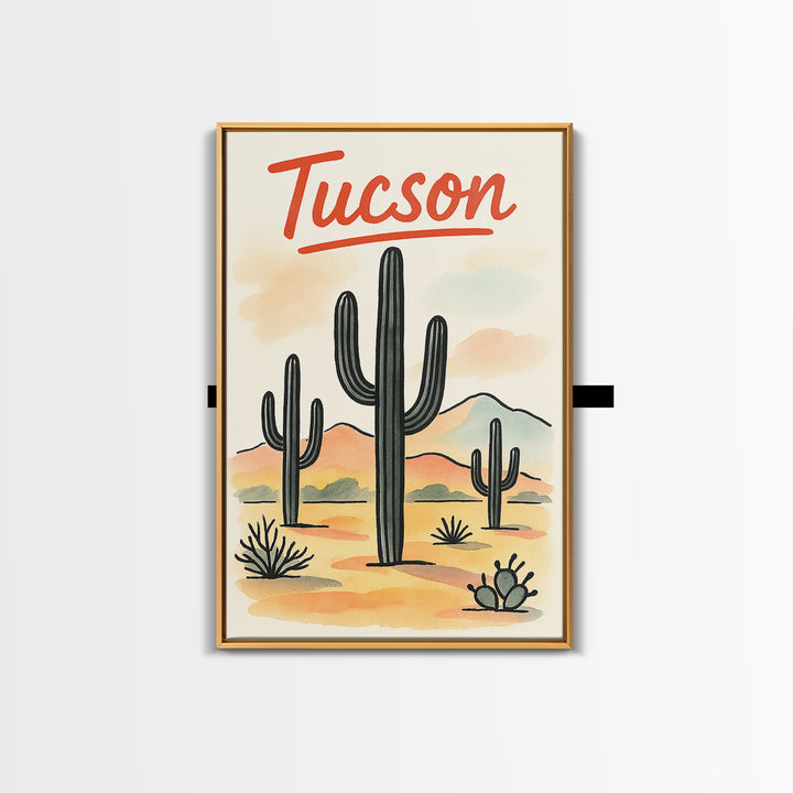 Tucson Travel Poster, Framed Canvas Print, Watercolor Urban Skyline Art, Tucson Travel Art, Gift For Travelers, City Travel Prints