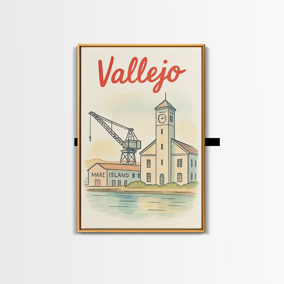 Vallejo California Travel Poster, Canvas Print, Hand Drawn Watercolor Art, Vallejo Poster Print, City Travel Prints, Retro Travel Print